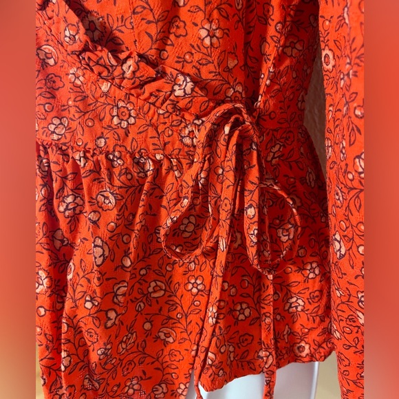 Country Cowgirl Fall Cottagecore Western Women Red Floral Wrap Ruffle Balloon S - Picture 11 of 16